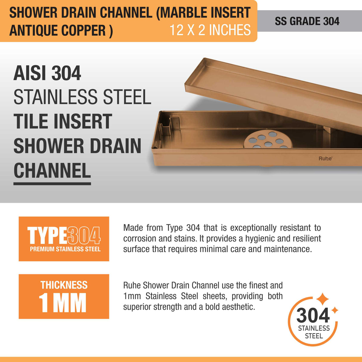 Marble Insert Shower Drain Channel (12 x 2 Inches) ROSE GOLD PVD Coated - by Ruhe®