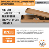 Marble Insert Shower Drain Channel (12 x 2 Inches) ANTIQUE COPPER stainless steel