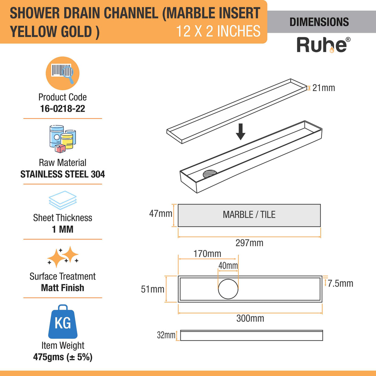 Marble Insert Shower Drain Channel (12 x 2 Inches) YELLOW GOLD dimensions and size