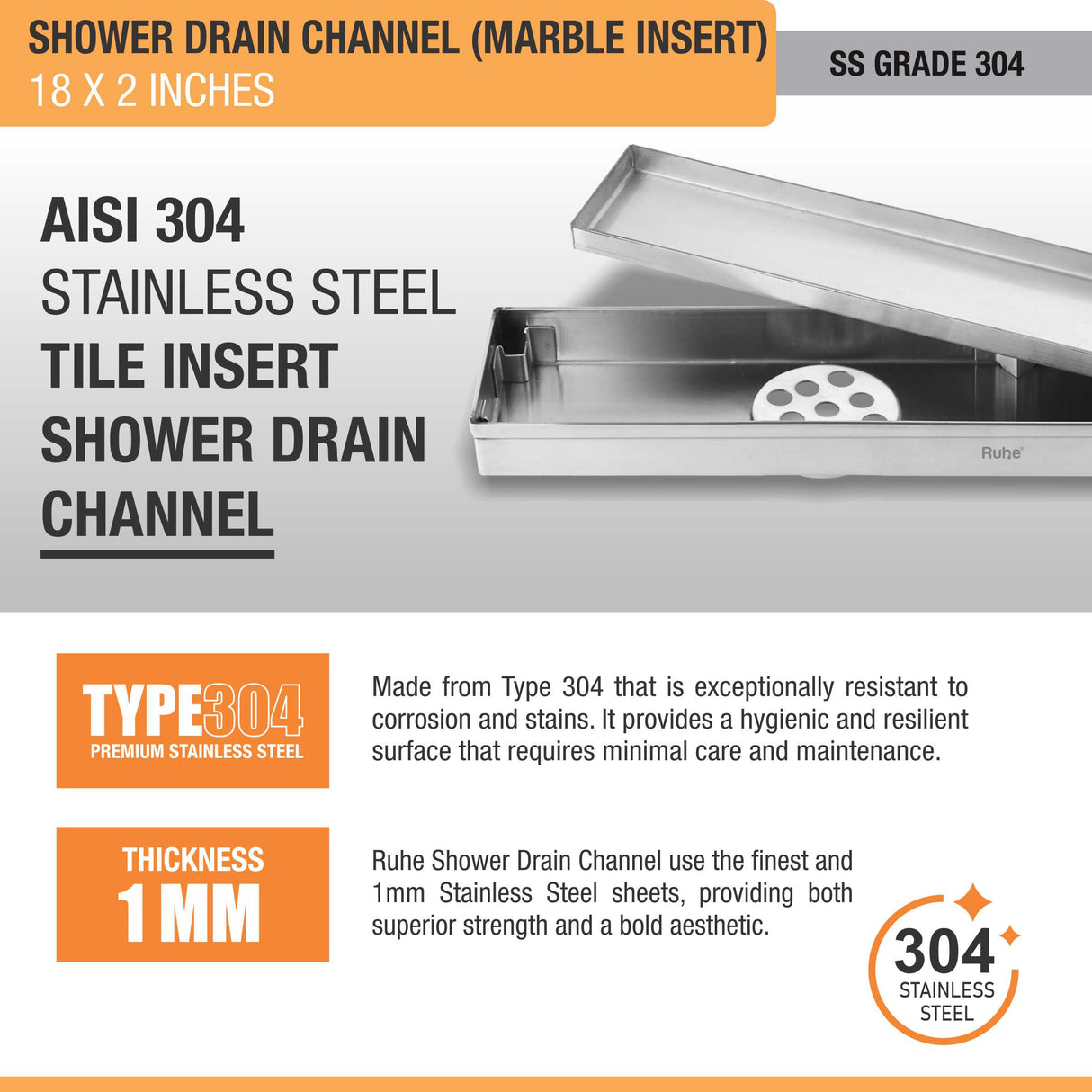 Marble Insert Shower Drain Channel (18 x 2 Inches) (304 Grade) - by Ruhe®