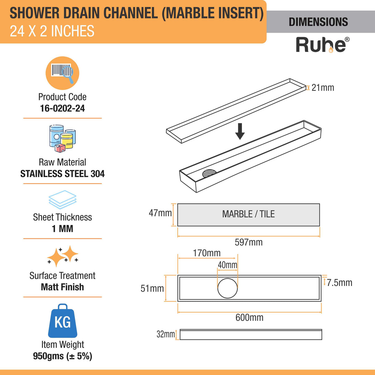 Marble Insert Shower Drain Channel (24 x 2 Inches) (304 Grade) dimensions and size