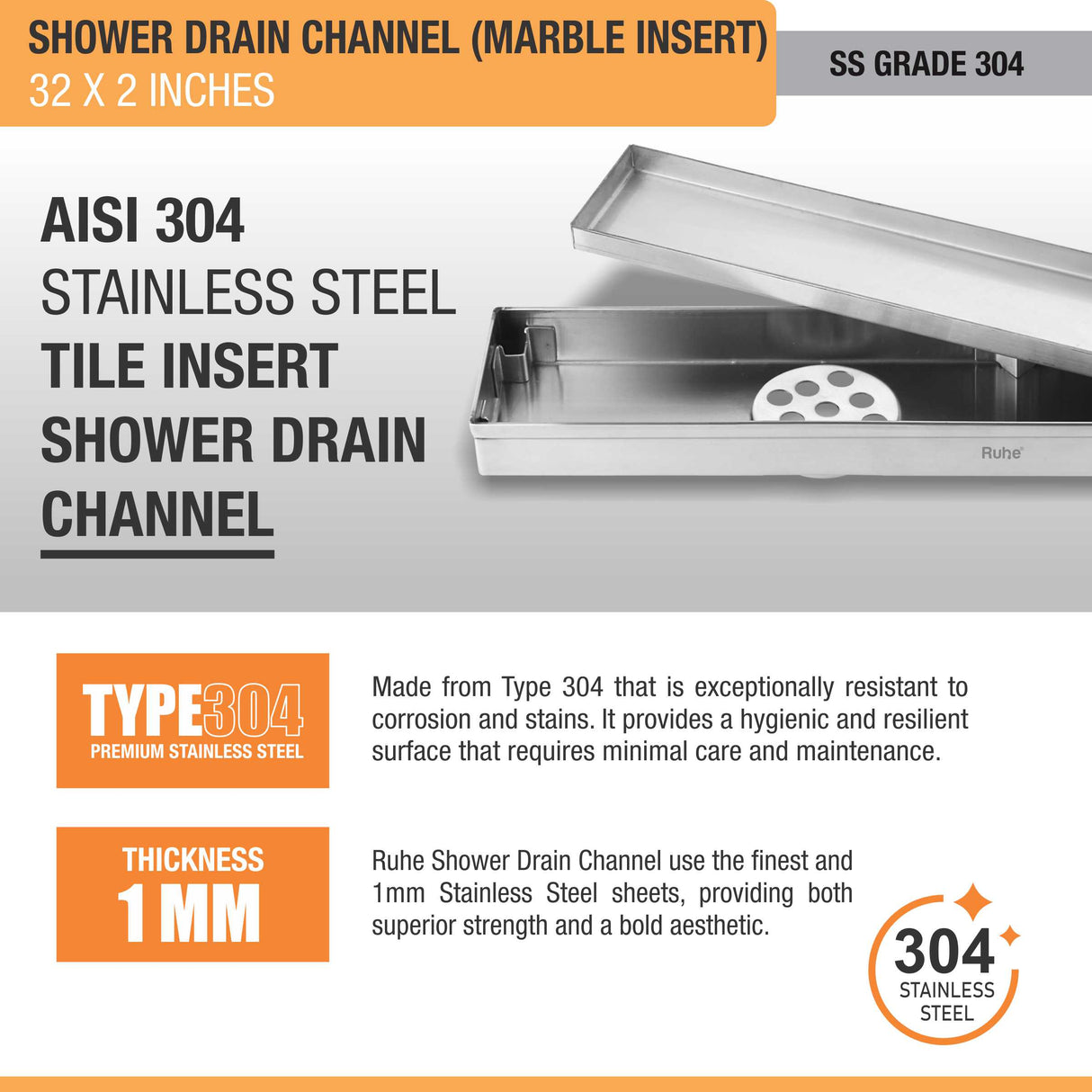 Marble Insert Shower Drain Channel (32 x 2 Inches) (304 Grade) - by Ruhe®