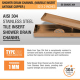Marble Insert Shower Drain Channel (32 x 2 Inches) ANTIQUE COPPER stainless steel