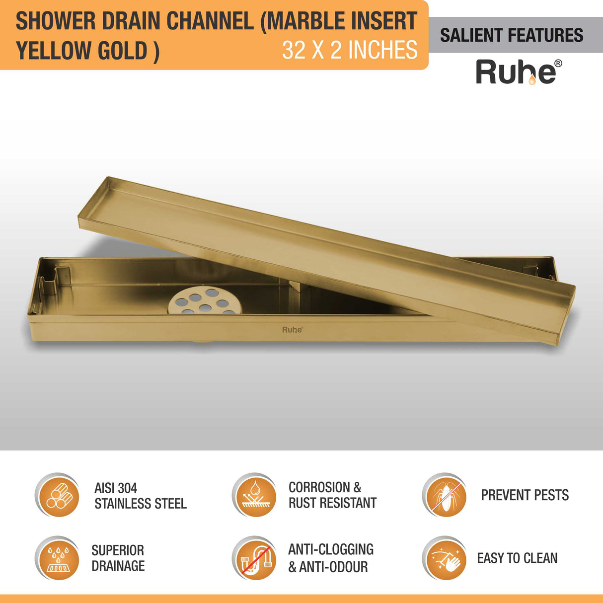 Marble Insert Shower Drain Channel (32 x 2 Inches) YELLOW GOLD PVD Coated - by Ruhe®