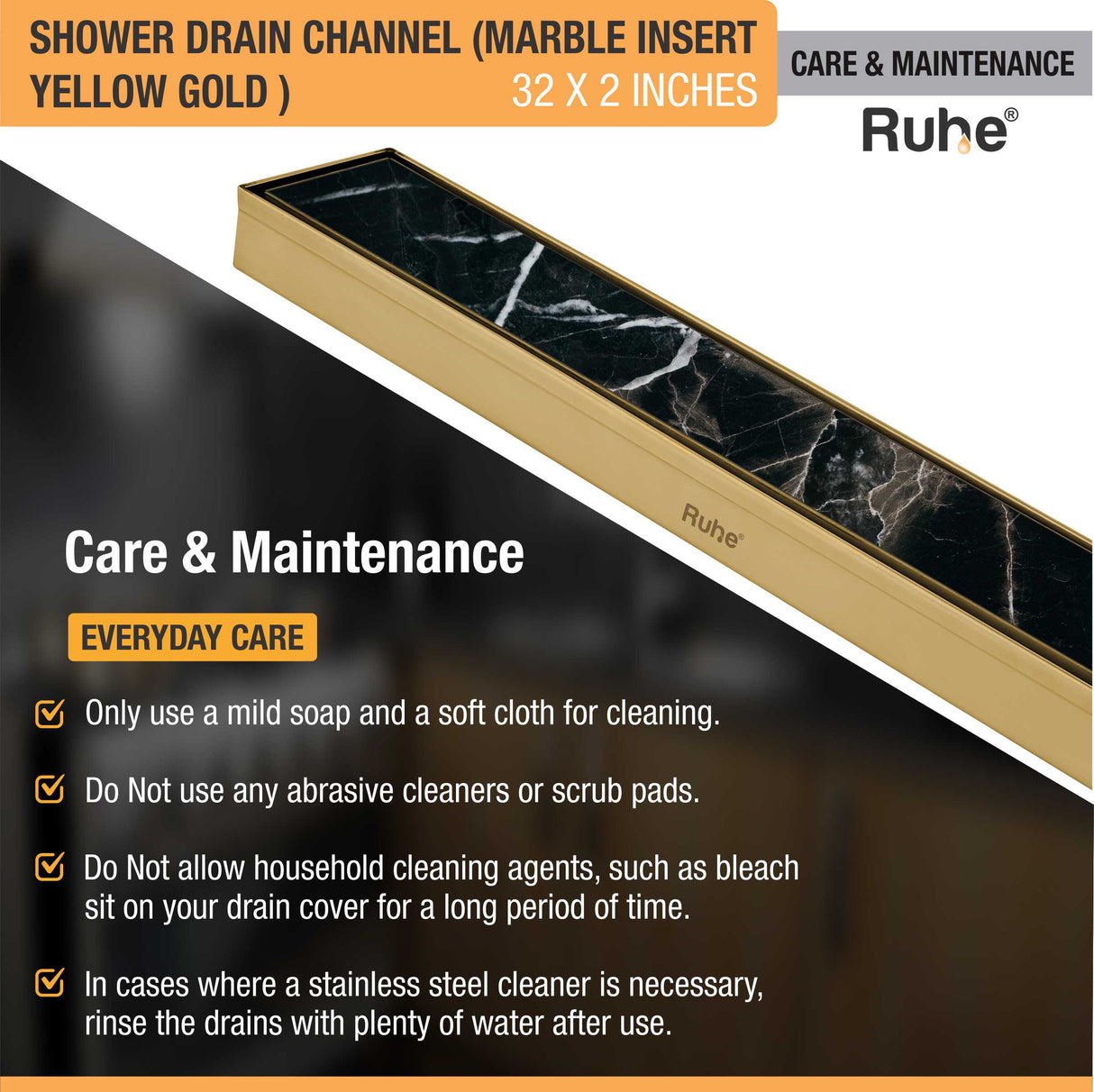 Marble Insert Shower Drain Channel (32 x 2 Inches) YELLOW GOLD PVD Coated - by Ruhe®