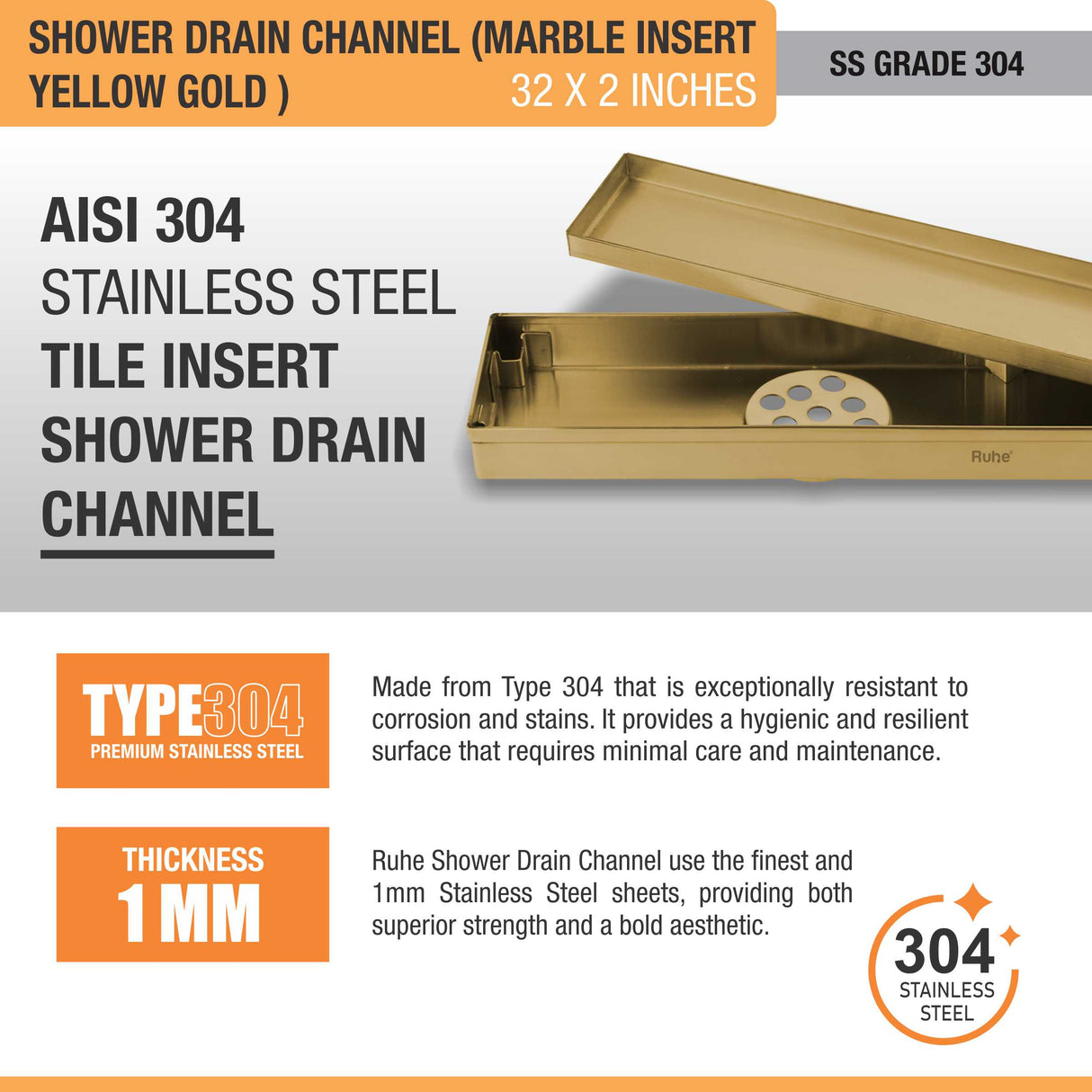 Marble Insert Shower Drain Channel (32 x 2 Inches) YELLOW GOLD PVD Coated - by Ruhe®