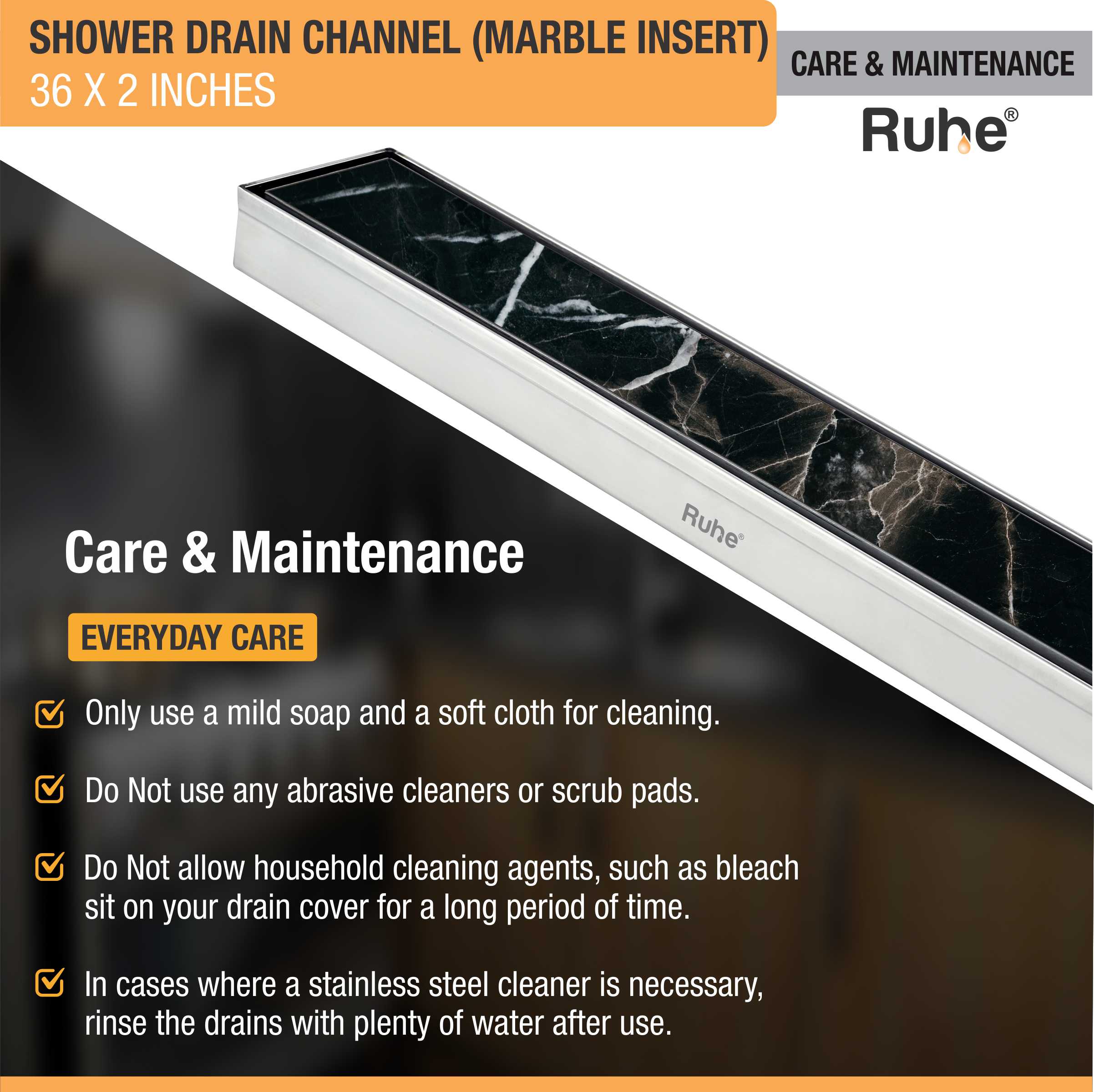 Marble Insert Shower Drain Channel (36 x 2 Inches) (304 Grade) care and maintenance