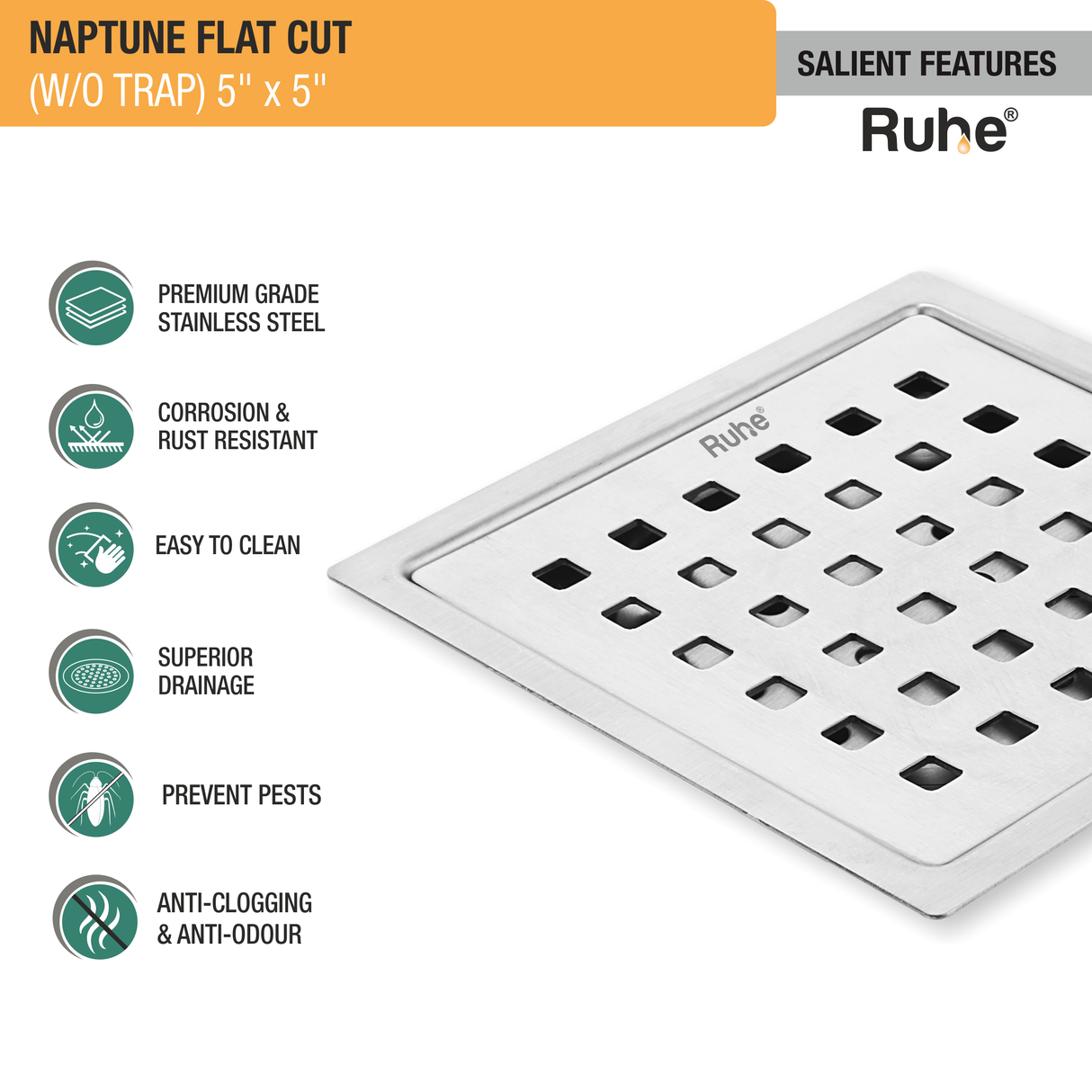 Naptune Square Flat Cut Floor Drain (5 x 5 Inches) - by Ruhe®