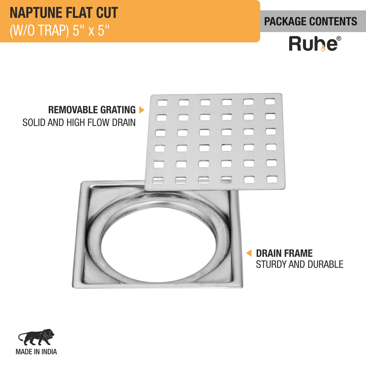 Naptune Square Flat Cut Floor Drain (5 x 5 Inches) - by Ruhe®