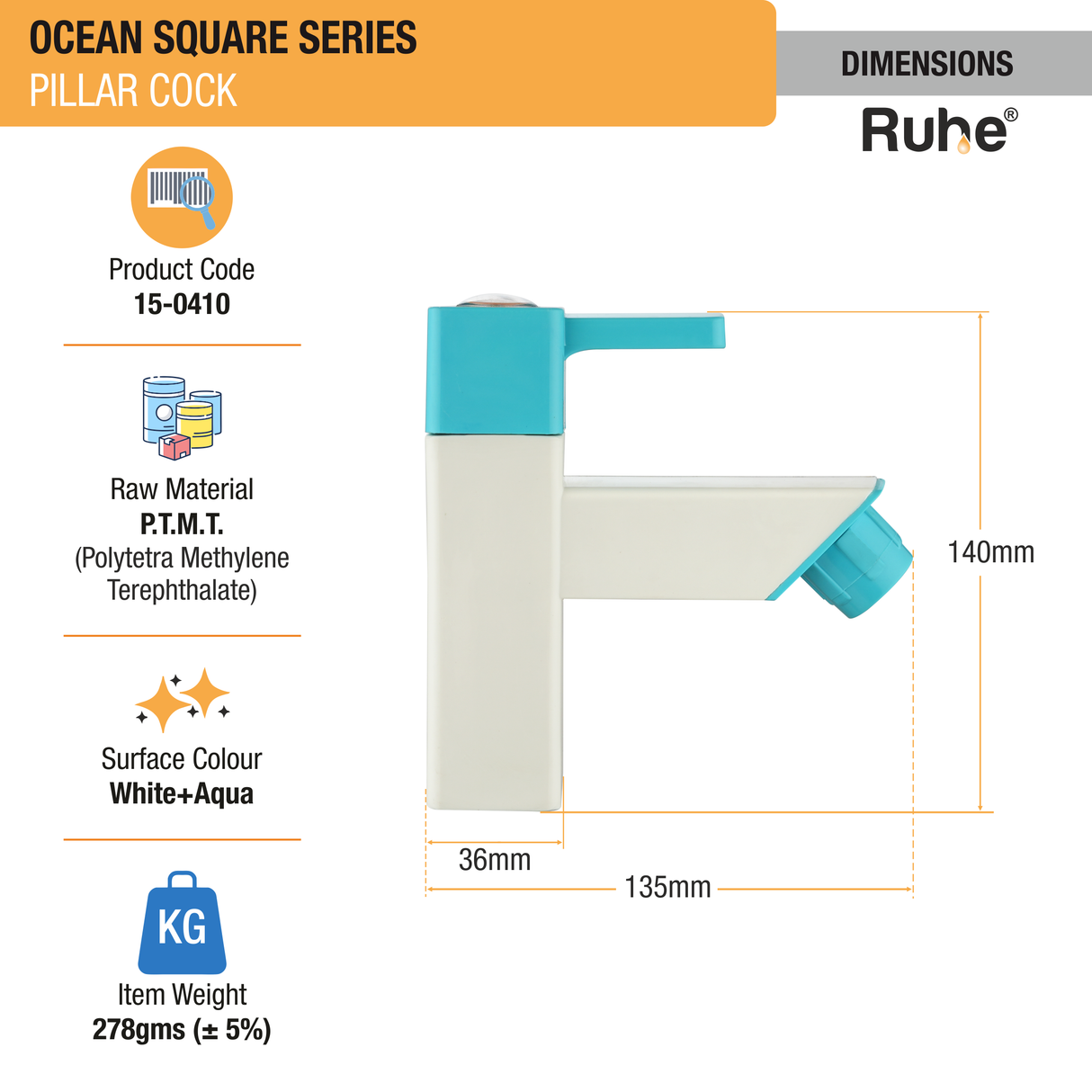 Ocean Square Pillar Tap PTMT Faucet - by Ruhe®