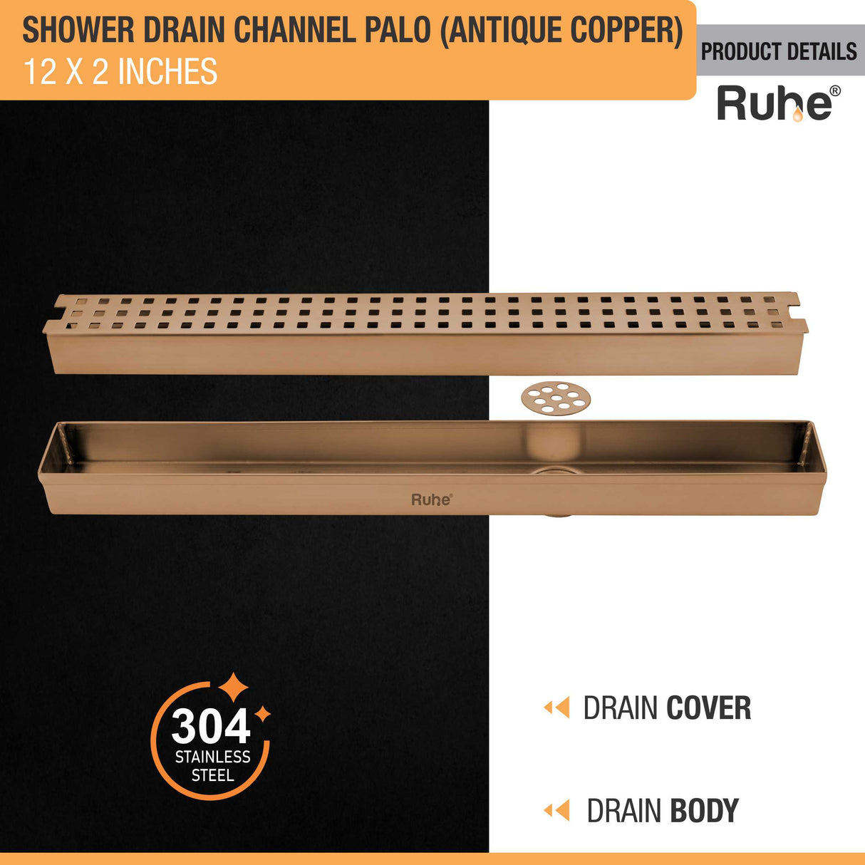 Palo Shower Drain Channel (12 x 2 Inches) ROSE GOLD PVD Coated - by Ruhe®