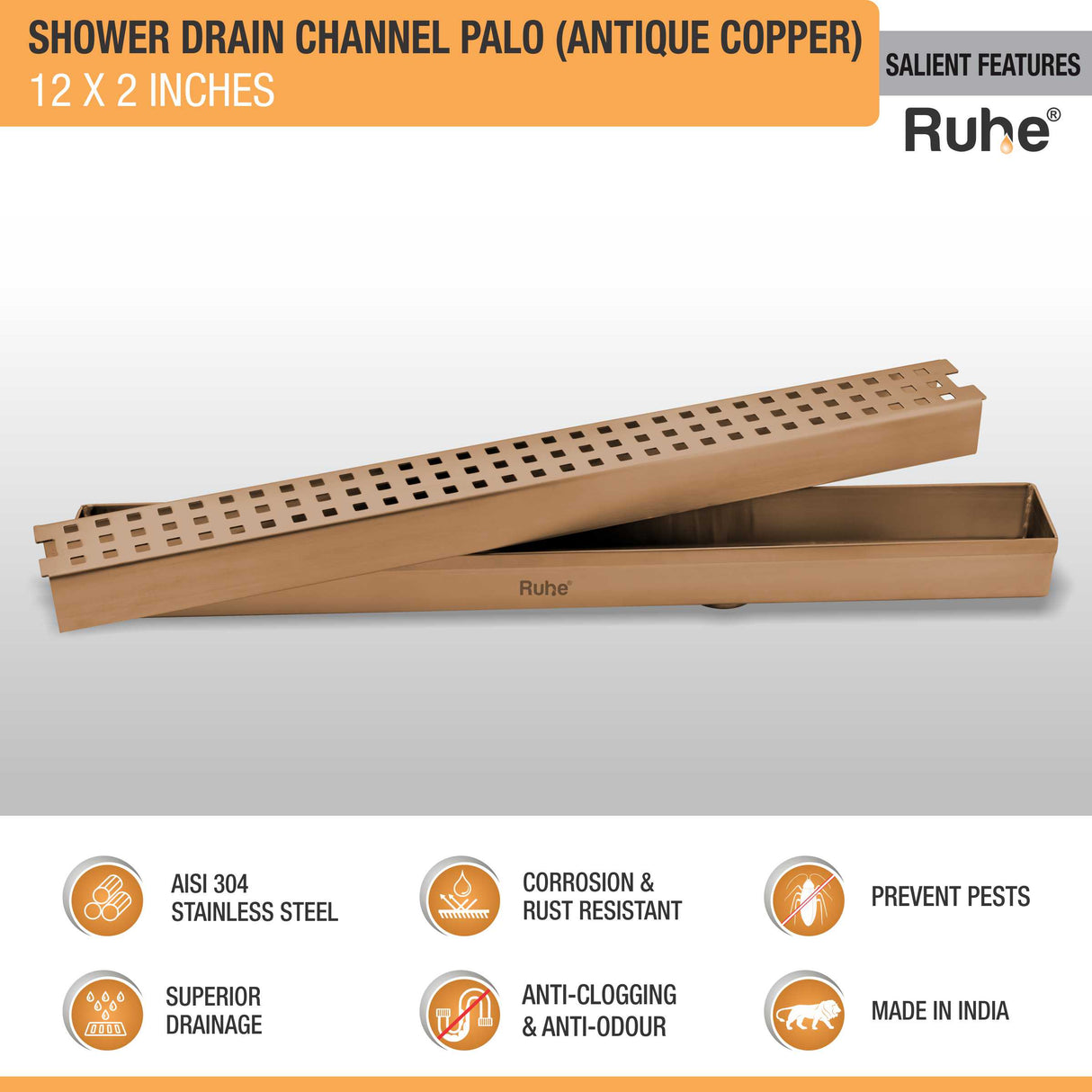 Palo Shower Drain Channel (12 x 2 Inches) ROSE GOLD PVD Coated - by Ruhe®