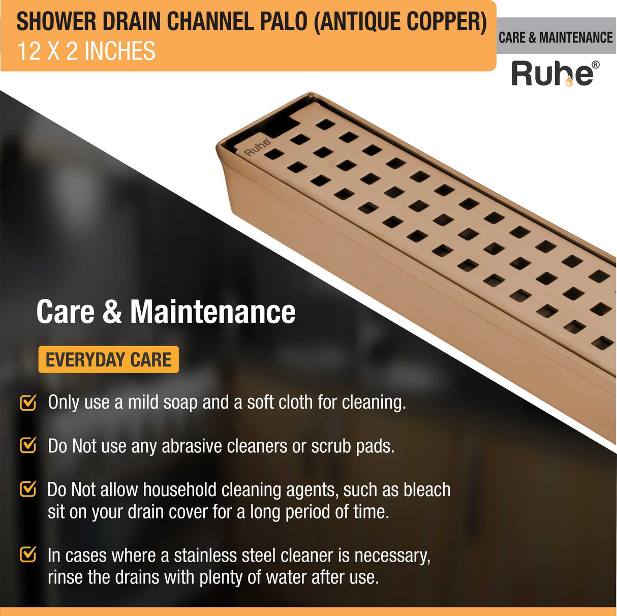 Palo Shower Drain Channel (12 x 2 Inches) ROSE GOLD PVD Coated - by Ruhe®