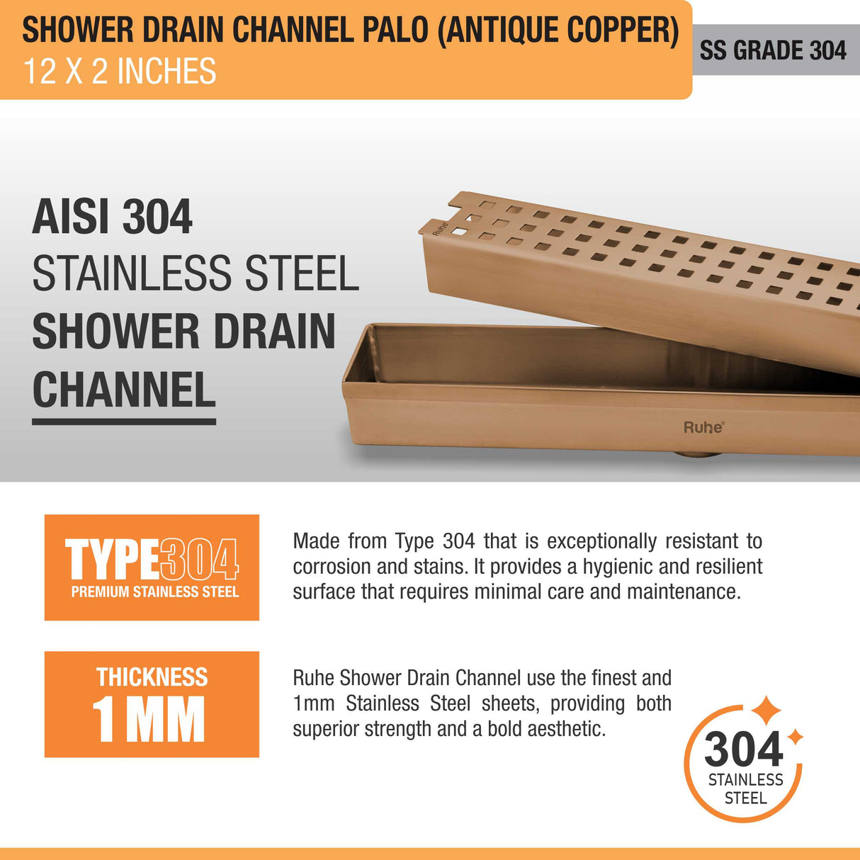 Palo Shower Drain Channel (12 x 2 Inches) ROSE GOLD PVD Coated - by Ruhe®