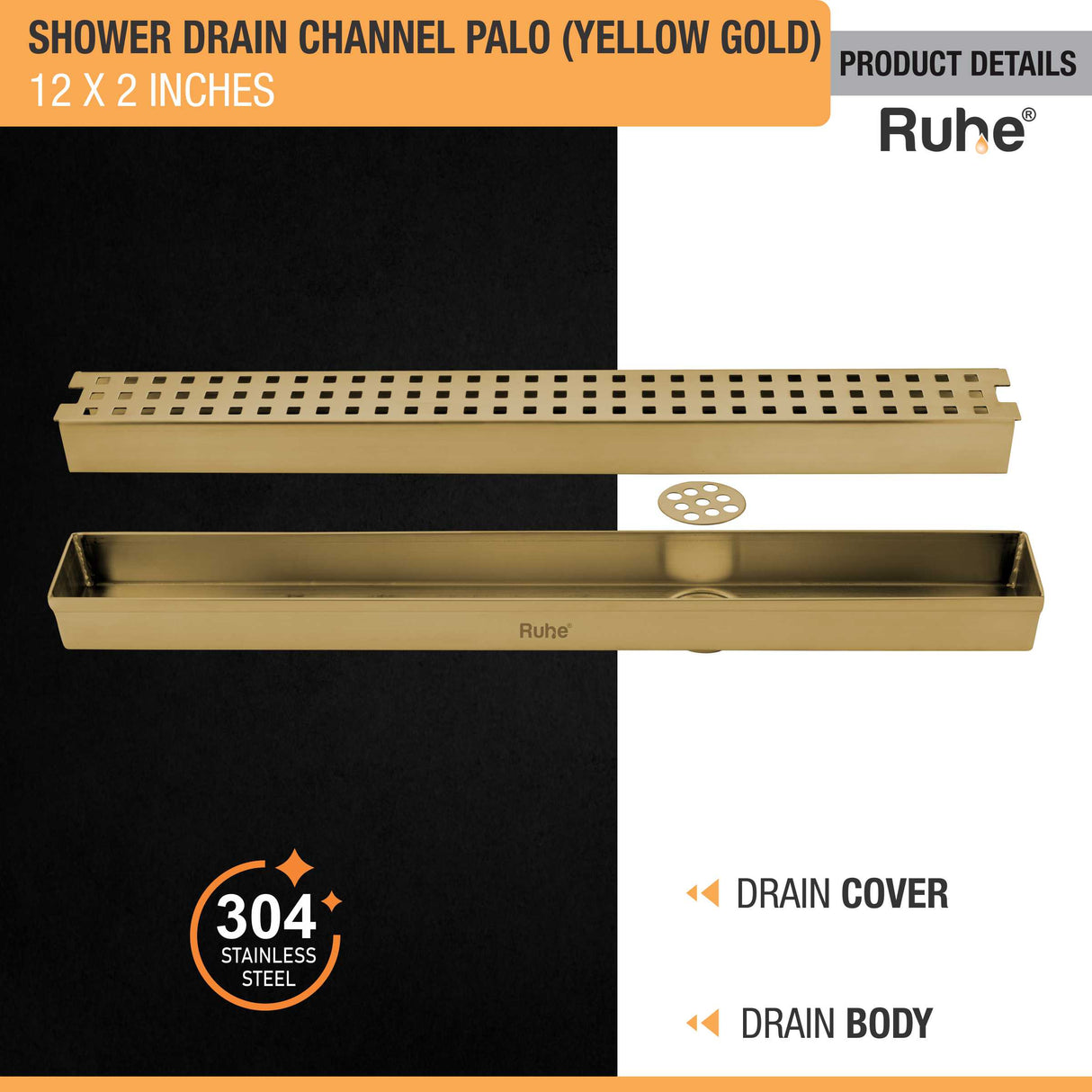 Palo Shower Drain Channel (12 x 2 Inches) with YELLOW GOLD PVD Coating - by Ruhe®