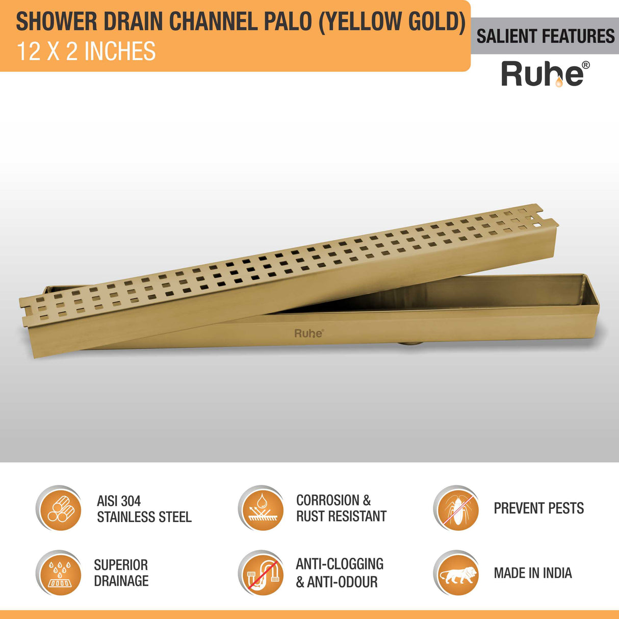 Palo Shower Drain Channel (12 x 2 Inches) with YELLOW GOLD PVD Coating - by Ruhe®