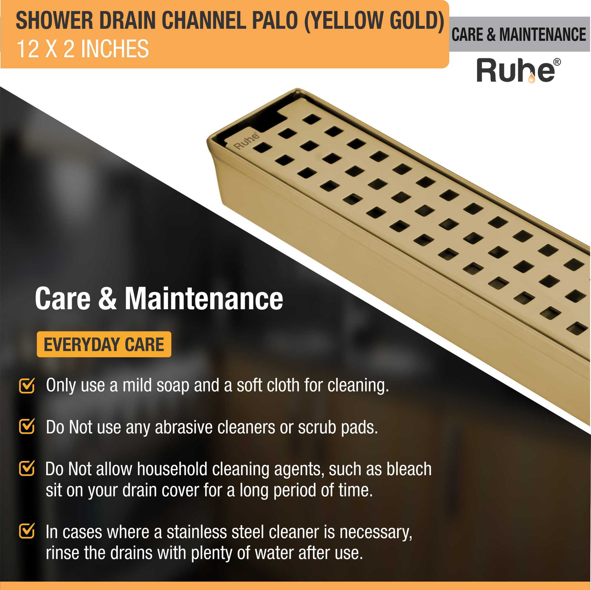 Palo Shower Drain Channel (12 x 2 Inches) with YELLOW GOLD PVD Coating - by Ruhe®