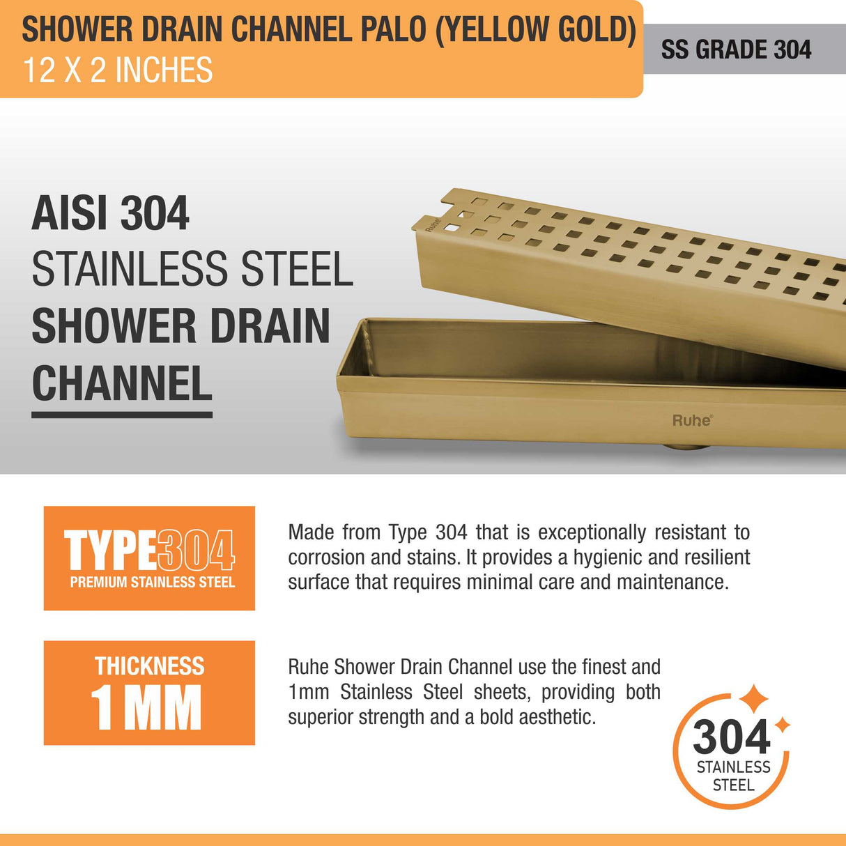 Palo Shower Drain Channel (12 x 2 Inches) with YELLOW GOLD PVD Coating - by Ruhe®