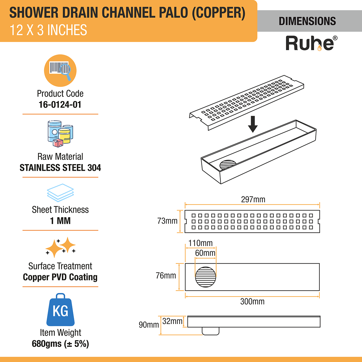 Palo Shower Drain Channel (12 x 3 Inches) ROSE GOLD/ANTIQUE COPPER dimensions and size