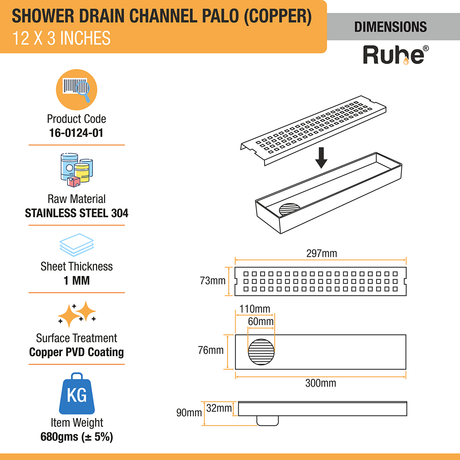 Palo Shower Drain Channel (12 x 3 Inches) ROSE GOLD/ANTIQUE COPPER dimensions and size