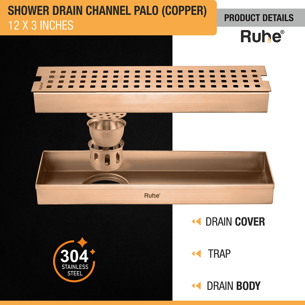 Palo Shower Drain Channel (12 x 3 Inches) ROSE GOLD PVD Coated - by Ruhe®