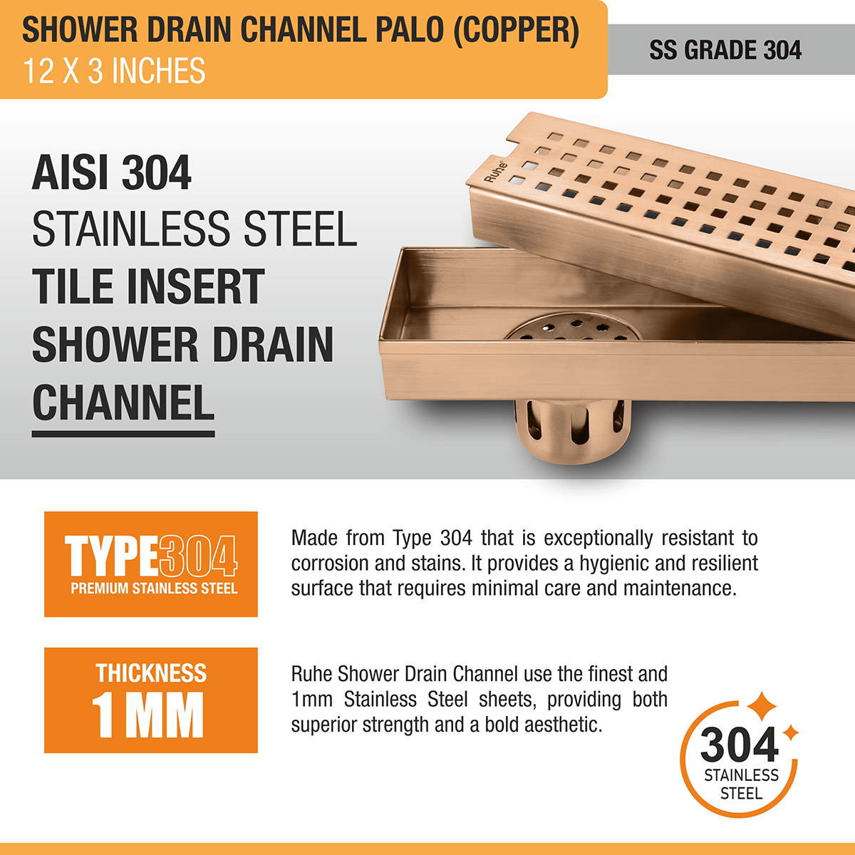 Palo Shower Drain Channel (12 x 3 Inches) ROSE GOLD PVD Coated - by Ruhe®