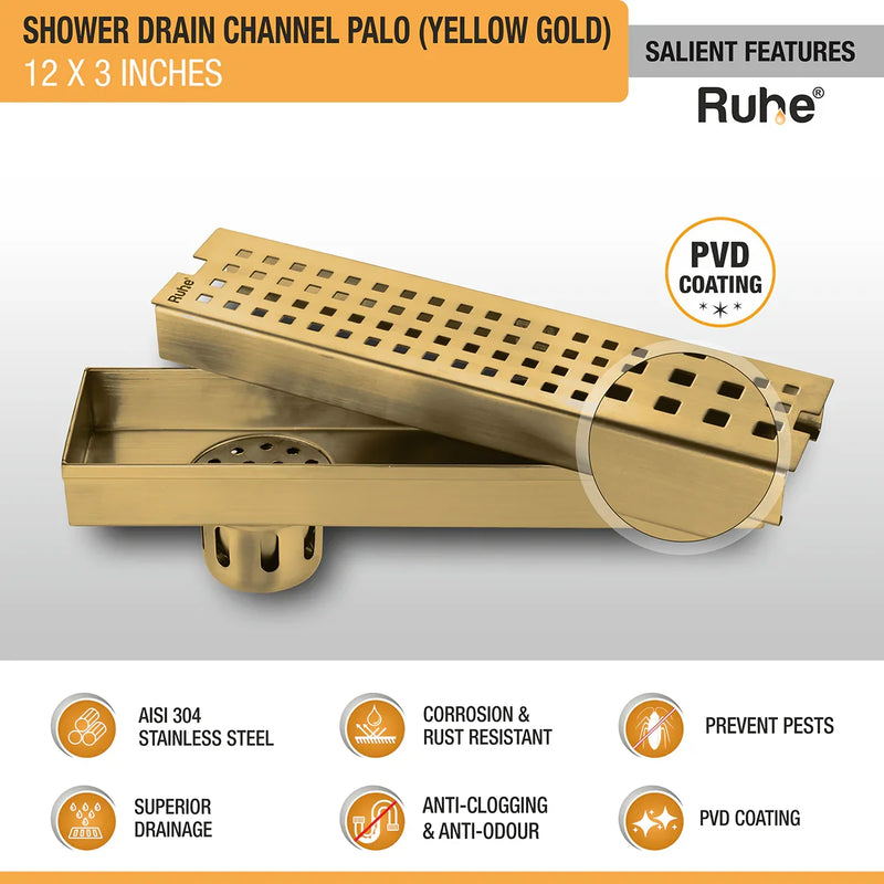 Palo Shower Drain Channel (12 x 3 Inches) with YELLOW GOLD PVD Coating - by Ruhe