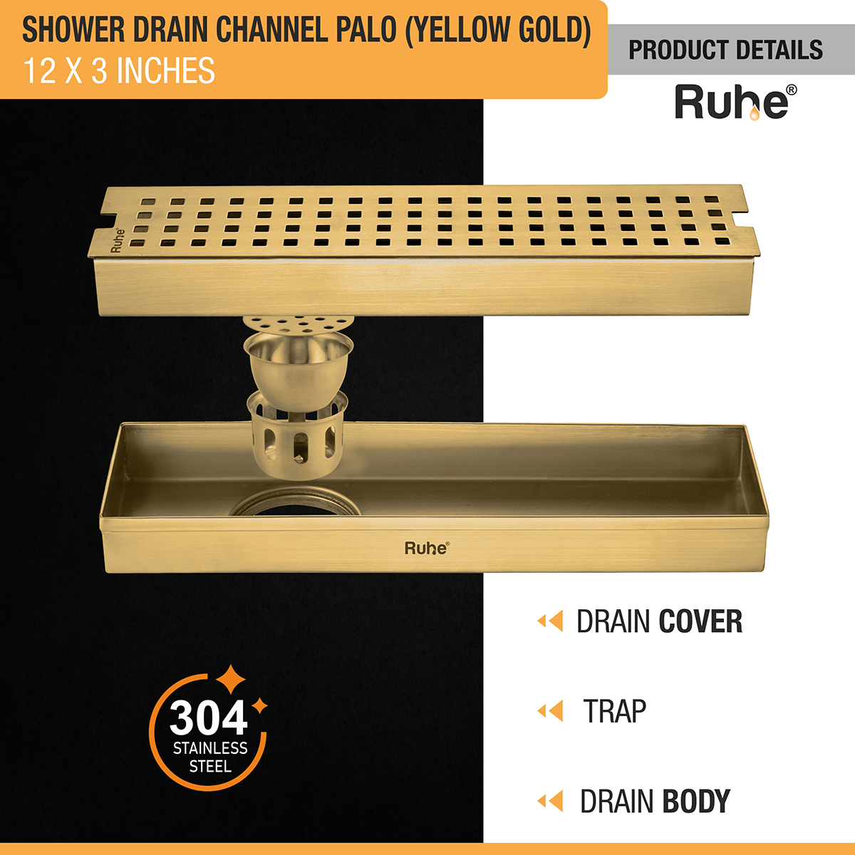 Palo Shower Drain Channel (12 x 3 Inches) with YELLOW GOLD PVD Coating - by Ruhe®