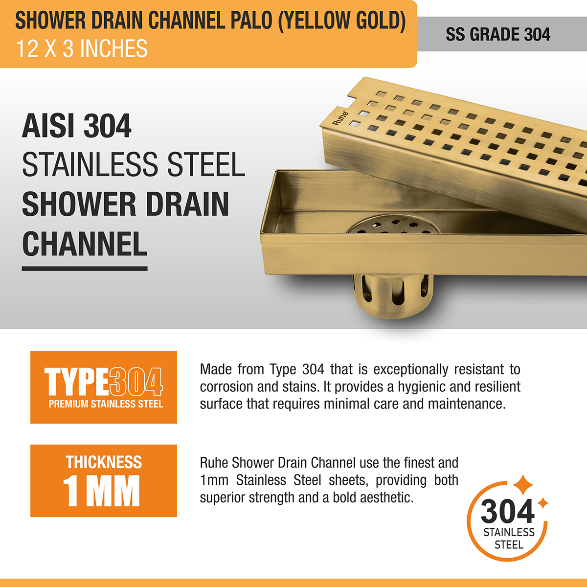 Palo Shower Drain Channel (12 x 3 Inches) YELLOW GOLD stainless steel