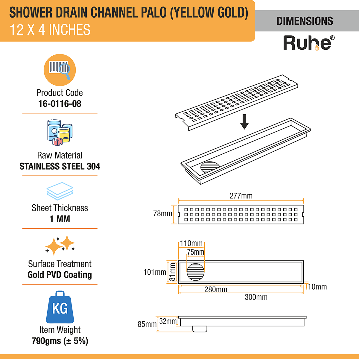 Palo Shower Drain Channel (12 x 4 Inches) with YELLOW GOLD PVD Coating - by Ruhe®