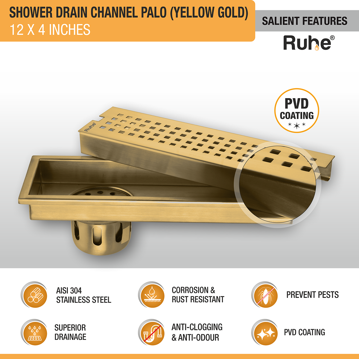 Palo Shower Drain Channel (12 x 4 Inches) with YELLOW GOLD PVD Coating - by Ruhe®