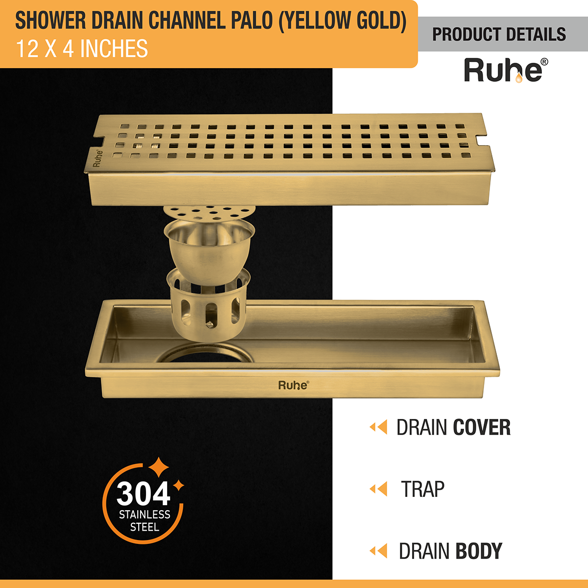 Palo Shower Drain Channel (12 x 4 Inches) with YELLOW GOLD PVD Coating - by Ruhe®