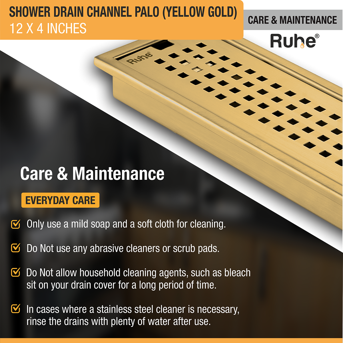 Palo Shower Drain Channel (12 x 4 Inches) with YELLOW GOLD PVD Coating - by Ruhe®