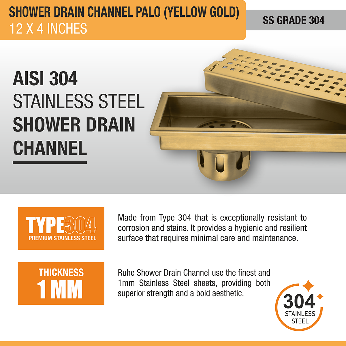 Palo Shower Drain Channel (12 x 4 Inches) with YELLOW GOLD PVD Coating - by Ruhe®