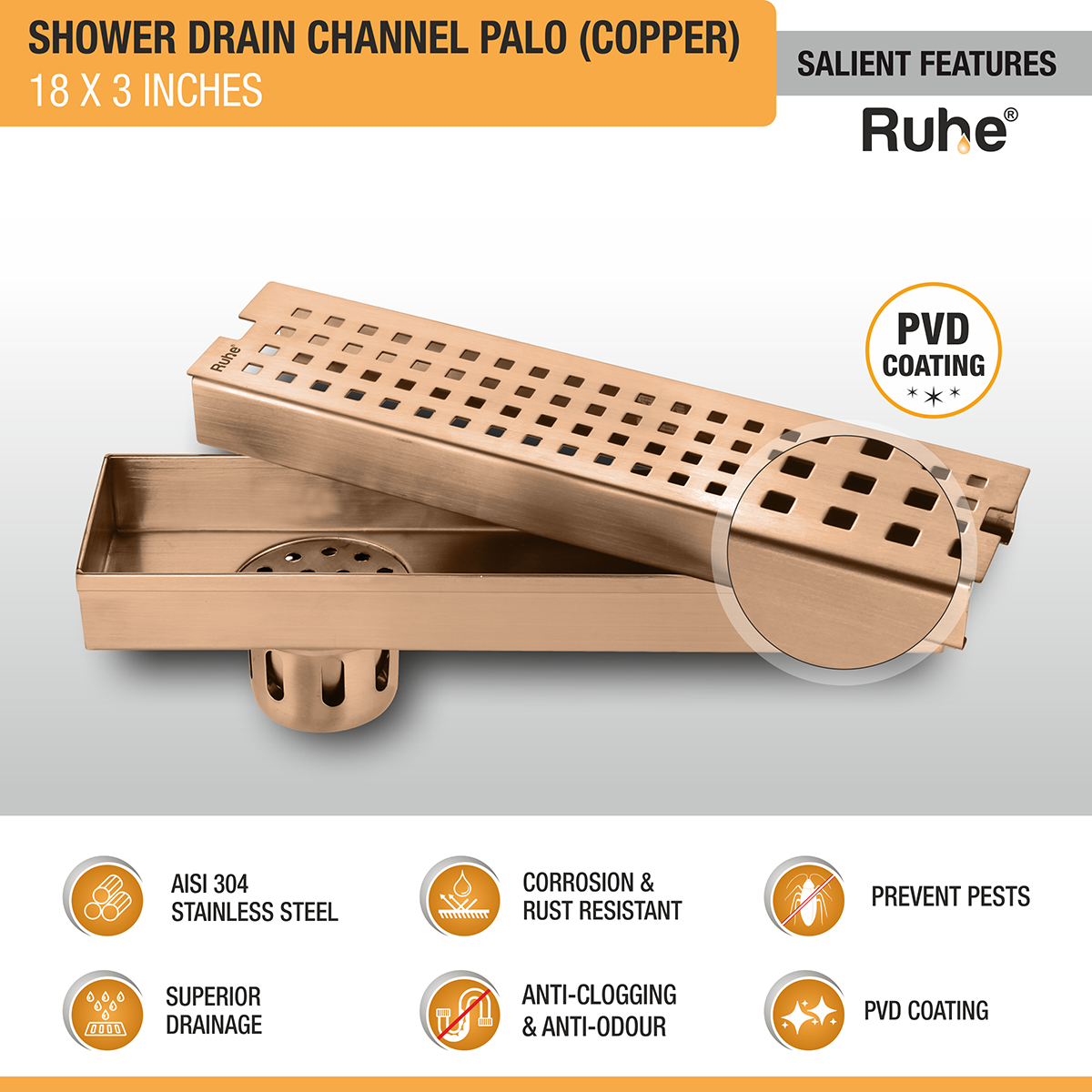 Palo Shower Drain Channel (18 x 3 Inches) ROSE GOLD/ANTIQUE COPPER features
