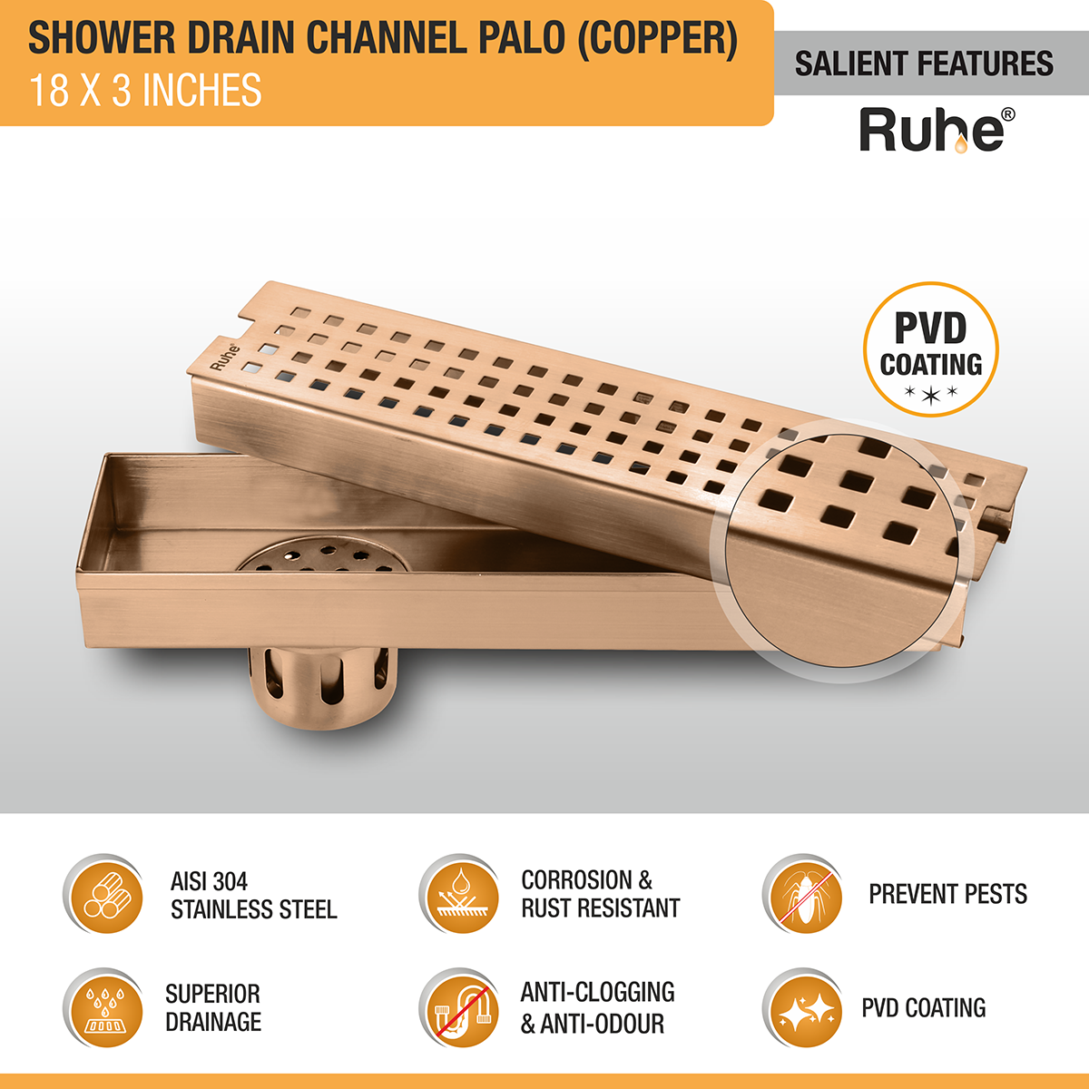 Palo Shower Drain Channel (18 x 3 Inches) ROSE GOLD PVD Coated - by Ruhe®