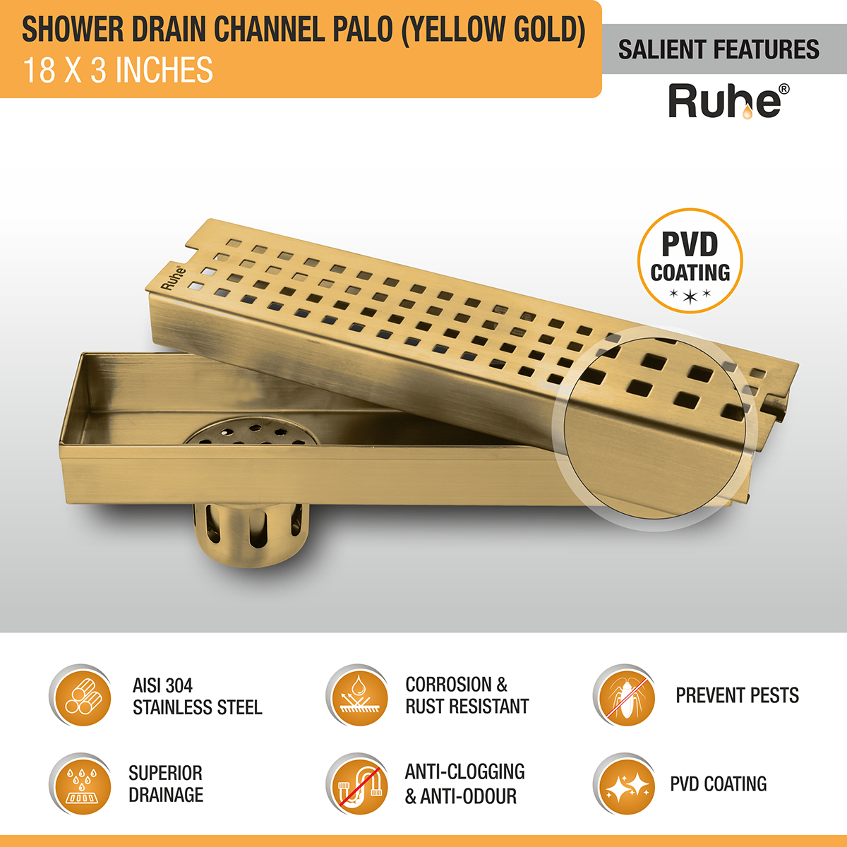 Palo Shower Drain Channel (18 x 3 Inches) YELLOW GOLD features