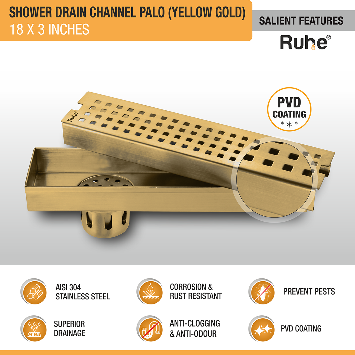 Palo Shower Drain Channel (18 x 3 Inches) with YELLOW GOLD PVD Coating - by Ruhe®