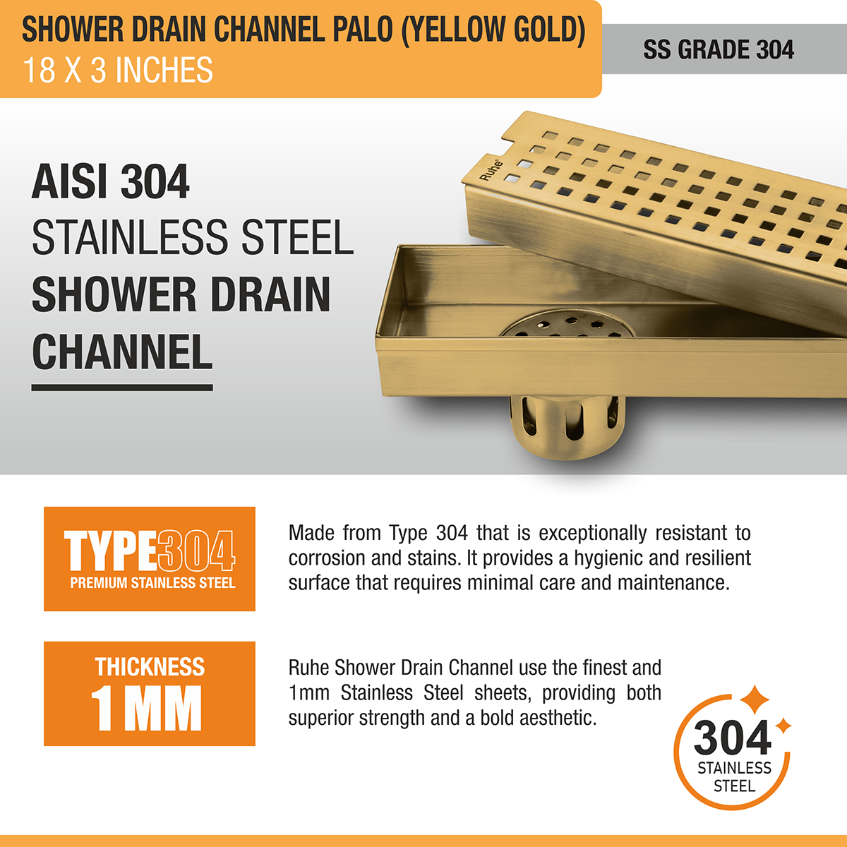 Palo Shower Drain Channel (18 x 3 Inches) with YELLOW GOLD PVD Coating - by Ruhe®