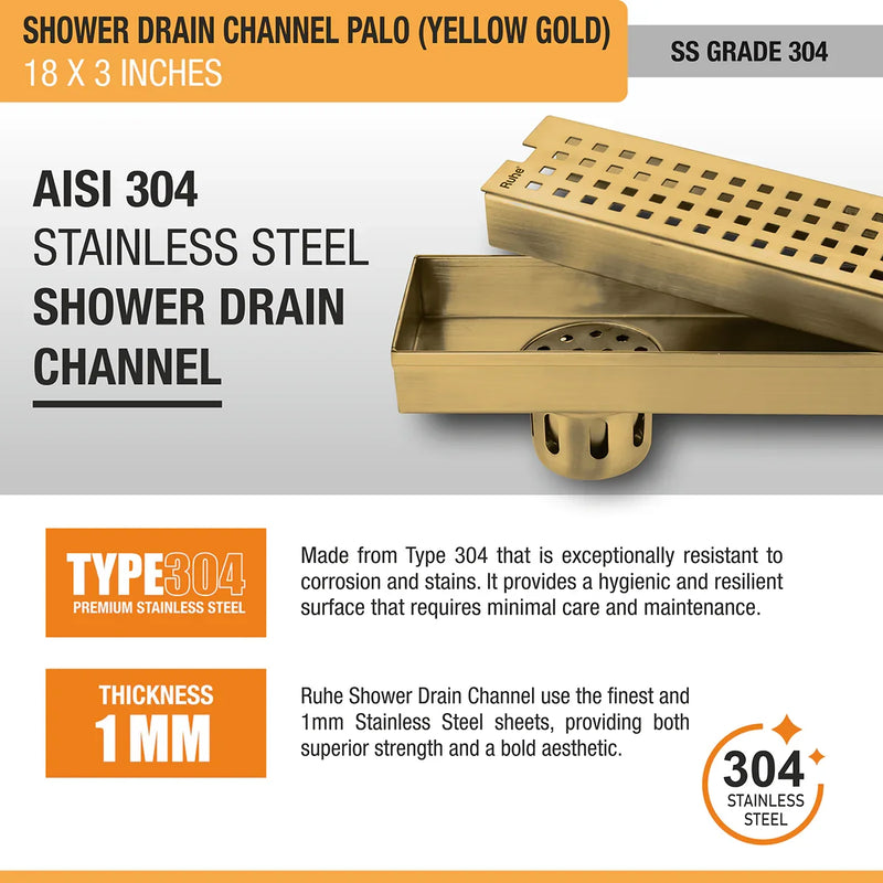 Palo Shower Drain Channel (18 x 3 Inches) with YELLOW GOLD PVD Coating - by Ruhe