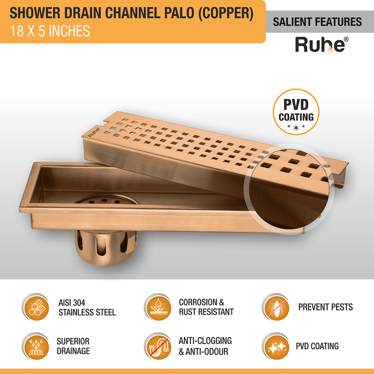 Palo Shower Drain Channel (18 x 5 Inches) ROSE GOLD PVD Coated - by Ruhe®