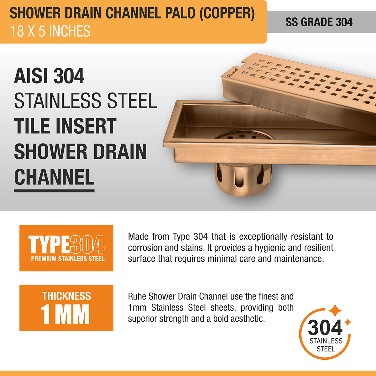 Palo Shower Drain Channel (18 x 5 Inches) ROSE GOLD/ANTIQUE COPPER stainless steel