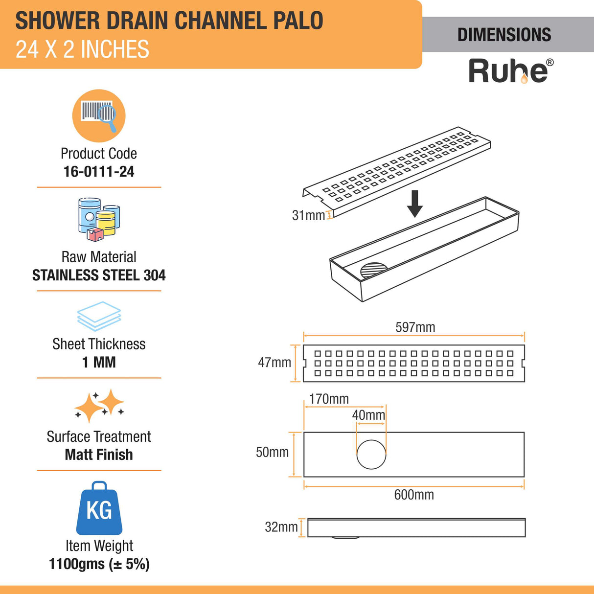 Palo Shower Drain Channel (24 X 2 Inches) (304 Grade) dimensions and size