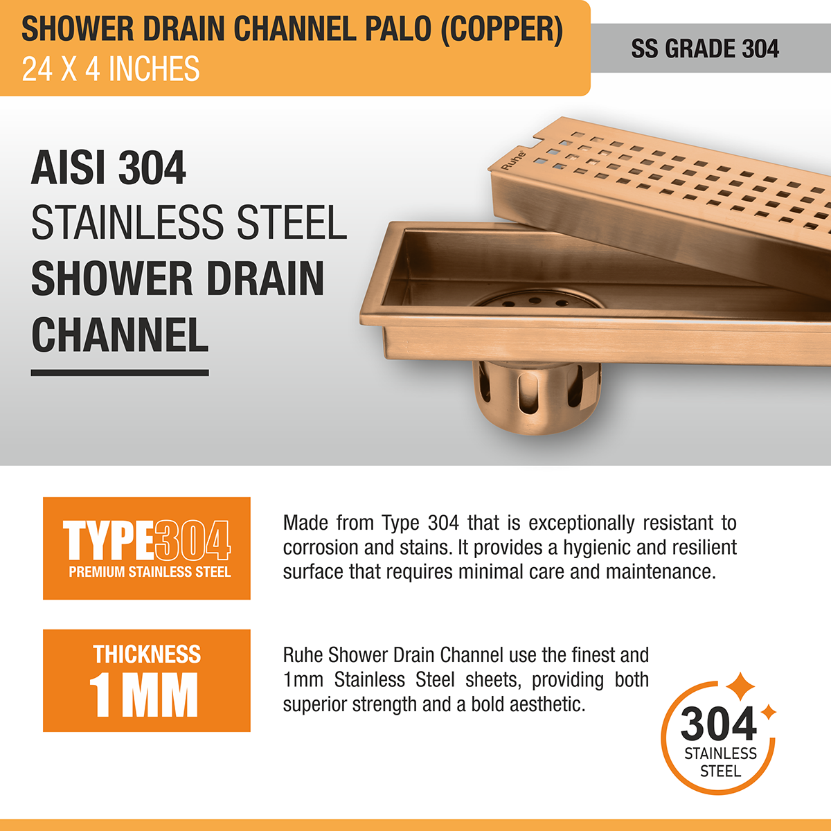 Palo Shower Drain Channel (24 x 4 Inches) ROSE GOLD PVD Coated - by Ruhe®