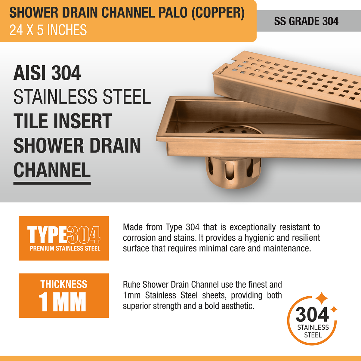 Palo Shower Drain Channel (24 x 5 Inches) ROSE GOLD PVD Coated - by Ruhe®