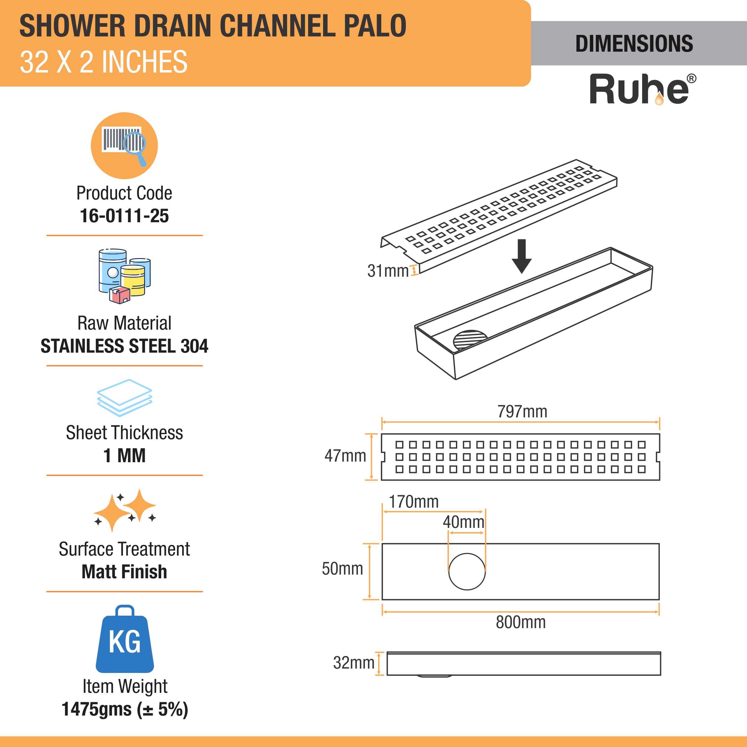 Palo Shower Drain Channel (32 X 2 Inches) (304 Grade) dimensions and size