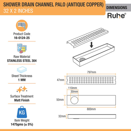 Palo Shower Drain Channel (32 x 2 Inches) ROSE GOLD/ANTIQUE COPPER dimensions and size