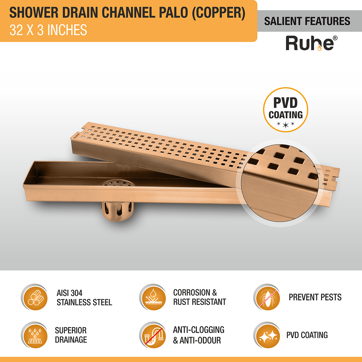 Palo Shower Drain Channel (32 x 3 Inches) ROSE GOLD PVD Coated - by Ruhe®