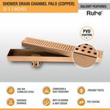 Palo Shower Drain Channel (32 x 3 Inches) ROSE GOLD/ANTIQUE COPPER features