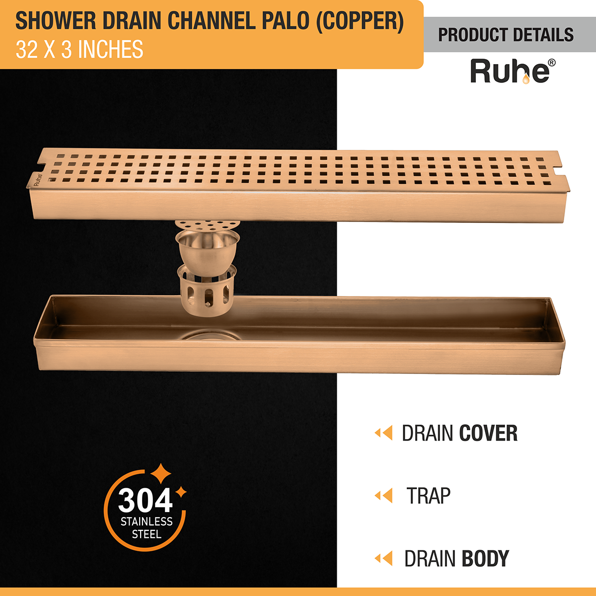 Palo Shower Drain Channel (32 x 3 Inches) ROSE GOLD PVD Coated - by Ruhe®